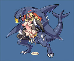 1boy 1girls ahe_gao alternate_breast_size alternate_outfit anal anal_sex barbed_penis big_breasts black_eyebrows black_gloves black_lipstick black_sclera blonde_hair blue_background blush claws cum cum_explosion cum_inside cum_pool cynthia_(pokemon) ejaculation erect_nipples erection excessive_cum fangs feral feral_on_female feral_on_human fins gaping_anus garchomp gerph gloves heart high_heels human hyper_penis impossible_insertion interspecies larger_male lipstick micro_bikini monster_cock necklace nintendo pokemon pokemon_(species) pokemon_dppt pokephilia pussy size_difference smaller_female source_request stomach_bulge text thick_thighs thighhighs tongue_out watermark wide_hips