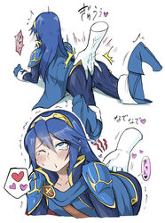 1girls ahe_gao blue_hair blush clothed clothing disembodied_hand eyes_rolling_back female fingering fingering_through_clothes fire_emblem fire_emblem_awakening from_behind legs_up long_hair lucina_(fire_emblem) nintendo on_stomach outercourse tears white-stew