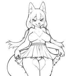 1:1 2020 alternate_version_at_source bottomwear breasts canid canine chest_tuft clothing female genitals hair hi_res inner_ear_fluff inverted_nipples mammal nipples open_mouth pleated_skirt pussy rapel simple_background skirt skirt_lift solo tuft white_background