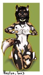 2020 african_wild_dog anthro black_hair black_nose breasts brown_eyes canid canine celina_(bisonbull92) collar collar_only female genitals gold_(metal) gold_collar hair hi_res kneeling mammal maroon_eyes nastya_tan navel nipples nude pussy red_eyes solo