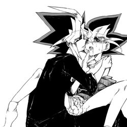 2boys blue_plan blush crying crying_with_eyes_open eyebrows_visible_through_hair male male_only monochrome partially_clothed saliva spiky_hair tongue_out yami_yugi yaoi yu-gi-oh! yugi_muto