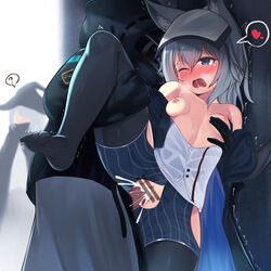 1boy 1girls 22-sai_(1092344778) arknights bar_censor blue_eyes blurry blurry_background blush breasts censored clothing commentary_request cum cum_in_pussy cum_inside doctor_(arknights) female grani_(arknights) grey_hair heart highres leg_up long_hair male no_shoes open_mouth overflow penetration penis pussy sex small_breasts soles spoken_heart spread_legs thighhighs vaginal_penetration wince