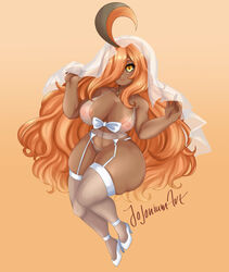 1girls artist_signature big_breasts breasts dark-skinned_female dark_skin female female_only generation_6_pokemon gourgeist high_heels humanoid jojoniumart lingerie long_hair looking_at_viewer morganna_(1uped-art) nintendo nipples orange_eyes pokémon_(species) pokemon simple_background solo stockings thighhighs tongue tongue_out