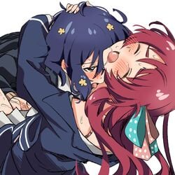 2girls absurdres aqua_ribbon blazer blue_hair blush closed_eyes ear_blush fingering hair_ribbon hand_on_another's_head highres jacket licking long_hair miiii minamoto_sakura mizuno_ai multiple_girls oerba_yun_fang open_mouth pink_ribbon polka_dot_ribbon pussy_juice red_eyes red_hair ribbon saliva short_hair simple_background tears tongue tongue_out white_background yuri zombie_land_saga