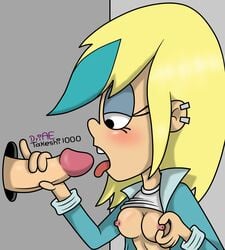 1girls artist_request blonde_hair blue_hair blush breasts cock_hungry female glory_hole nipple_pinch nipples partial_male penis penis_grab sam_sharp shirt_up straight_hair the_loud_house tongue tongue_out