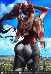 1girls ass back_view big_ass big_butt black_hair clothing dark_hair female female_focus female_only hair hat kai_schulen long_hair looking_at_viewer luminyu ponytail solo solo_focus tagme tying_hair valkyria_chronicles valkyria_chronicles_4 very_long_hair white_skin