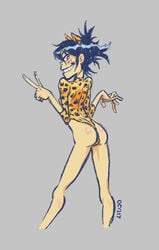 1girls 2017 ass blush blush_stickers blushing bottomless exposed_butt eyebrows_visible_through_hair feet_out_of_frame female female_only gorillaz grey_eyes grin hair hair_bun hair_ornament hair_ribbon leotard long_fingers looking_at_viewer looking_back looking_back_at_viewer messy_hair noodle_(gorillaz) noodle_(strobelite) oca peace_sign perky_breasts posing revealing_clothes signature simple_background skimpy skimpy_clothes small_breasts solo solo_female spiky_hair standing thighs tight_clothing