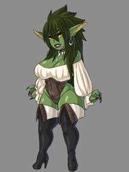 2019 breasts dawn_of_the_blue_moon dungeons_and_dragons earrings fantasy female female_only goblin goblin_female green_hair green_skin hips leotard long_ears long_hair low_cut_top necklace shortstack solo solo_female thigh_high_boots thigh_highs thighhighs yellow_eyes