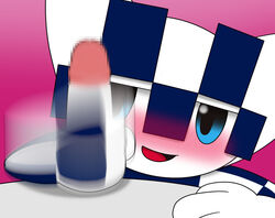 2020_tokyo_olympic anthro blue_eyes blush censored genitals half-closed_eyes handjob humanoid_penis male male_only miraitowa narrowed_eyes olympics open_mouth open_smile penile penis sex smile takuya_tail unknown_species