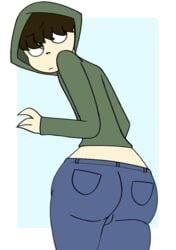 1boy big_ass black_hair bulge clothing dittothesinner femboy green_eyes hair_covering_eye hoodie huge_ass jeans kwite male male_focus male_only midriff youtuber