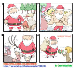 4koma absurd_res animal_humanoid anthro blood blush bodily_fluids cervid christmas christmas_elf clothing comedy comic dark_humor elf female funny greenteaneko hat headgear headwear hi_res holidays horn humanoid humor male mammal mammal_humanoid mongirl_4koma not_furry_focus open_mouth pregnant santa_claus santa_hat slave straight thunderthighs toony what whip whipping