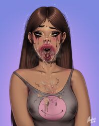 1girls 2018 albatross_(artist) big_lips breasts brown_eyes brown_hair brunette choker cum_in_mouth cum_in_nose cum_on_breasts dated drooling ear_piercing eyeshadow female long_hair mascara mascara_tears saliva smegma smegma_in_mouth smelly_armpits tank_top text thick_lips throat tongue tongue_out visible_nipples watermark