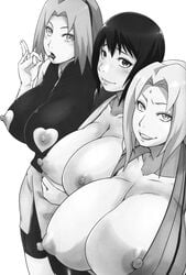 3girls areolae doujinshi female_only huge_breasts karakishi_youhei-dan looking_at_viewer monochrome multiple_girls naruto nipples sakura_haruno shizune smile sunahara_wataru tagme tongue_out tsunade