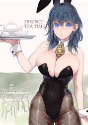 1girls blue_eyes breasts bunny_ears bunny_girl bunnysuit byleth_(fire_emblem) byleth_(fire_emblem)_(female) english_text female female_focus female_only fire_emblem fire_emblem:_three_houses green_hair highres huge_breasts human kettle large_breasts looking_at_viewer medium_hair nintendo plate solo solo_focus text thick_thighs