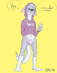 absurd_res anthro canid canine canis cellphone clothing dialogue erect_nipples female hi_res hoodie mammal nipples panties phone roof_legs tongue tongue_out topwear underwear wet wet_clothing wet_panties wet_underwear wolf