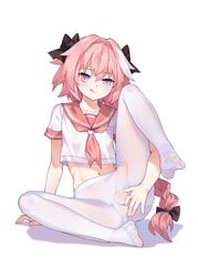 1boy :q anus astolfo_(fate) balls bangs black_bow bow braid censored collarbone erection_under_clothes erection_under_pantyhose eyebrows_visible_through_hair fate/grand_order fate_(series) feet femboy full_body hair_between_eyes hairbow highres knee_up long_hair looking_at_viewer male_only mosaic_censoring multicolored_hair naughty_face navel no_panties pantyhose penis pink_hair pink_sailor_collar purple_eyes sailor_collar short_sleeves simple_background single_braid sitting smile solo spread_legs tongue tongue_out trap tsubasa_tsubasa two_tone_hair uneven_eyes very_long_hair white_hair white_legwear