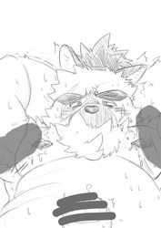 2020 amekomi_lover anthro belly blush bodily_fluids canid canine canis censored domestic_dog erection genitals hi_res kemono male male/male mammal moobs nipples penis scar solo_focus sweat tokyo_afterschool_summoners video_games yasuyori