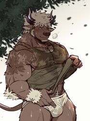 1boy anthro biped bovid bovine brown_body brown_fur bulge cattle clothing fur hair horn luwei_(artist) male male_only mammal muscular muscular_male nipples partially_clothed shennong shirt solo tank_top tokyo_afterschool_summoners topwear underwear video_games white_hair white_underwear