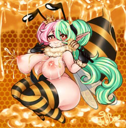 1girls areolae ass bee belly big_breasts blush breasts busty crown elf female female_only honey honeycomb_background huge_breasts jojoniumart lactating lactation large_breasts long_hair looking_at_viewer milk mochi_(jojoniumart) nipples pointy_ears pregnant smile solo stockings striped_legwear thick_thighs thighs