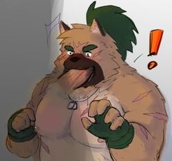 ! 2020 anthro belly blush brown_body brown_fur canid canine canis chizo domestic_dog fur genitals hi_res humanoid_hands kemono male male/male mammal moobs nipples oral penis scar sex slightly_chubby solo_focus tokyo_afterschool_summoners video_games yasuyori