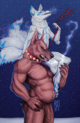 2020 anthro barazoku canid canine canis carrying cigar collar digital_media_(artwork) domestic_dog duo etis flaccid fox genitals hi_res humanoid_penis leash leash_and_collar male male_only mammal multi_tail muscular muscular_male navel nipples nude on_shoulder penis riorix simple_background size_difference smoke smoking snow teeth