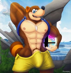 abs anthro backpack banjo-kazooie banjo_(banjo-kazooie) battlefield_(super_smash_bros) biceps blue_eyes blush bottomwear brown_body brown_fur clothing cloud fur furry genitals hand_behind_head hi_res looking_at_viewer male male_focus male_only mammal muscular muscular_male navel nipples open_mouth penis penis_base pubic_hair rareware shorts sky solo super_smash_bros. teeth tongue ursid veiny_penis video_games water ximorexx yellow_bottomwear yellow_clothing