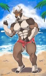 anthro antlers beach big_muscles bottomwear bulge cellphone cervid cervine chest_tuft clothing eyewear genital_outline horn male male_only mammal muscular muscular_male outside penis_outline phone pubes raikarou sand sea seaside selfie solo standing sunglasses swimwear tuft water