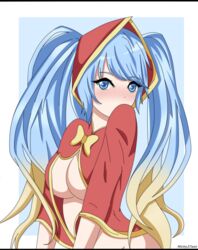 alternate_costume blue_background blue_eyes blush christmas_outfit embarrassed embarrassed_nude_female hood league_of_legends multicolored_hair red_dress silent_night_sona simple_background snowdown_showdown_series solo sona_buvelle surprised twintails white_skin