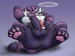 4:3 4_toes animal_genitalia animal_penis anthro anthro_on_anthro anus ass ball_size_difference balls canid canine canine_penis canis claws duo english_text erection fur genitals glans grey_body grey_fur humanoid_penis knot larger_anthro larger_male male male/male mammal nude pawpads penis penis_size_difference perineum purple_body purple_fur size_difference smaller_anthro smaller_male soles speech_bubble teeth text toe_claws toes tongue tongue_out white_body white_fur wolf ximorexx