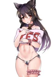 1girls absurdres animal_ears ass_visible_through_thighs bags_under_eyes black_hair black_panties blush cameltoe cravat ear_piercing erune female granblue_fantasy harigane_shinshi highres leg_garter long_hair looking_at_viewer navel nier_(granblue_fantasy) open_mouth panties pillow red_eyes scrunchie simple_background smile solo thigh_gap topless underwear white_background wrist_scrunchie wristband yes-no_pillow