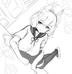 animal_ears blush breasts female high_resolution highres large_breasts liely monochrome original school_uniform sketch skirt tongue tongue_out