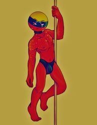 black_underwear blue_skin choker countryhumans feet freckles gay hand_on_pole male pole pole_dancing red_body red_skin underwear venezuela venezuela_(countryhumans) yellow_skin