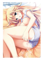 absurdres barefoot blonde_hair blue_shorts blush breasts collarbone female green_eyes hair_between_eyes highres kanekiyo_miwa long_hair looking_at_viewer lying mamiya-kunchi_no_itsutsugo_jijou mamiya_yakumo medium_breasts nipples no_bra on_side open_mouth panties shiny shiny_hair short_shorts shorts solo sparkle striped striped_shorts tank_top underwear very_long_hair white_panties