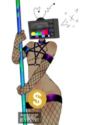 body_modification censored choker dark_skin fishnet_gloves fishnet_legwear flaccid latex lava_lamp male_only male_stripper nipple_piercing oc original_character penis penis_out penis_piercing pentagram_harness piercing piercings pole_dancing scared shy solo tattoos thighhighs tv_head