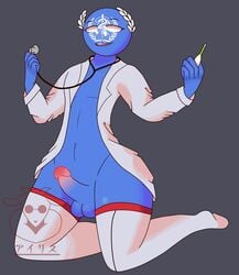 blue_body blue_penis blue_skin countryhumans doctor dress_up erect_penis erection kneeling labcoat on_knees stethoscope stockings thermometer world_health_organization_(countryhumans)