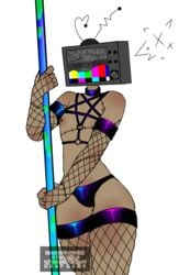 body_modification choker dark_skin fishnet_gloves fishnet_legwear latex lava_lamp male_only male_stripper nipple_piercing oc original_character penis_piercing pentagram_harness piercing piercings pole_dancing scared shy solo speedo tattoos thighhighs tv_head