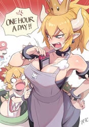 1boy 2girls apron blonde_hair blue_eyes bowser_jr. bowsette bowsette_jr. breasts crying english_text female genderswap genderswap_(mtf) horns hourglass_figure koopa_clown_car male mario mario_(series) mature_female mature_woman milf mother mother_and_daughter new_super_mario_bros._u_deluxe nintendo nintendo_switch pointy_ears rule_63 super_mario_bros. tagme text toku_(ke7416613)