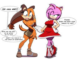 2girls amy_rose anthro big_ass big_breasts breaking_the_fourth_wall breasts clothed female female_only fourth_wall hourglass_figure kojiro-brushard sega sonic_(series) sticks_the_badger sticks_the_jungle_badger sticks_the_tejon white_background wide_hips