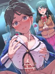 1boy 2girls alternate_breast_size big_breasts blush boris_(noborhys) breasts censored cum cum_between_breasts cum_on_breasts cumshot ejaculation ejaculation_between_breasts female fire_emblem genei_ibun_roku genei_ibunroku_#fe glasses huge_breasts large_breasts looking_at_viewer maiko_shimazaki male nintendo oribe_tsubasa paizuri paizuri_under_clothes straight tokyo_mirage_sessions_#fe