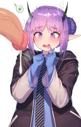 arknights blue_gloves blush ce-_-3 censored eyebrows_visible_through_hair female flaccid gloves hair_bun hibiscus_(arknights) highres horns jacket long_sleeves mosaic_censoring necktie open_clothes open_jacket open_mouth penis penis_awe pepper0 pointy_ears purple_eyes purple_hair simple_background white_background