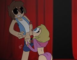 blonde_hair blowjob brown_hair fellatio fnafhs fnafhs_z3ro fred_(fnafhs) joy_(fnafhs) tagme