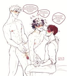 3boys anal bite_marks blush body_freckles burn_scar cuckold dirty_talk embarrassed english_text eyes_closed eyess_closed freckles fully_clothed gay hand_holding hickey hickey_marks human humiliation izuku_midoriya katsuki_bakugou kinktober looking_pleasured male male_only married_couple moaning muscular_male my_hero_academia nude page_15 penis pleasure_face ring scar scars_on_face sex short_hair shouto_todoroki slut_shaming spacenipnops speech_bubble standing_sex taken_from_behind threesome trembling yaoi