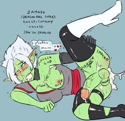 body_writing breasts breasts_out bukkake commissioner-sinistersh0t cum cum_in_mouth cum_in_pussy cum_inside dragon_ball dragon_ball_super female_zamasu futa_only futanari legs_apart mind_break nipples patreon ripped_clothing rule_63 speech_bubble super_saiyan super_saiyan_rose white_hair xxxx52 zamasu