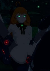 1girls anal anal_penetration android breasts double_penetration female freckles glowing glowing_eyes green_eyes grimm_(rwby) interspecies male necromalock orange_hair penis penny_polendina pussy rwby sex small_breasts vaginal_penetration