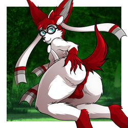 1:1 1boy absurd_res alternate_color anthro anthrofied anus ass big_ass blue_eyes bow canine chubby eeveelution eye_contact eyewear furry glasses grey_fur half-closed_eyes hi_res kneeling looking_at_viewer looking_back male male_only nintendo original_character pokémon_(species) pokemon pokemon_xy red_fur ribbons sheath solo source_request sylveon testicles thick_thighs video_games white_border white_fur wide_hips xexus