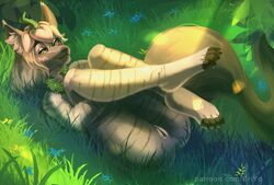 2020 4_toes absurd_res anthro canid canine day detailed_background digital_media_(artwork) eri-yo eyebrows eyelashes female genitals grass hair hi_res mammal outside pussy solo toes