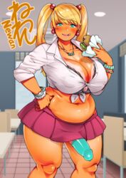 1futa big_breasts blonde_hair blue_eyes breasts cleavage condom condom_on_penis dickgirl eva_(neone-x) futa_only futanari gyaru large_breasts looking_at_viewer neone-x overweight overweight_futanari penis solo thick_thighs twintails wide_hips