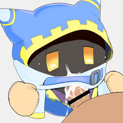 1:1 ambiguous_gender blush bodily_fluids censored clothing cum cum_in_mouth cum_inside genital_fluids genitals half-closed_eyes hi_res kirby_(series) magolor male male/ambiguous narrowed_eyes nintendo oral penis rinrin_(pixiv) sex simple_background video_games waddling_head white_background