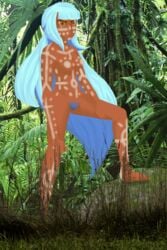 blue_hair blue_pubic_hair dark_skin female_only forest hazel_eyes jungle lolirock long_hair ombre_hair painted photo_background pubic_hair rainforest talia_(lolirock) tattoo tattoos tribal wilderness