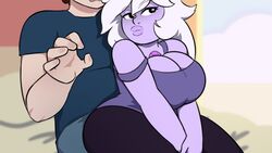 1girls amethyst_(steven_universe) breasts cleavage digitalkaiju faceless_male female female_focus large_breasts purple_skin sitting_on_lap solo_focus steven_universe teasing thick_lips